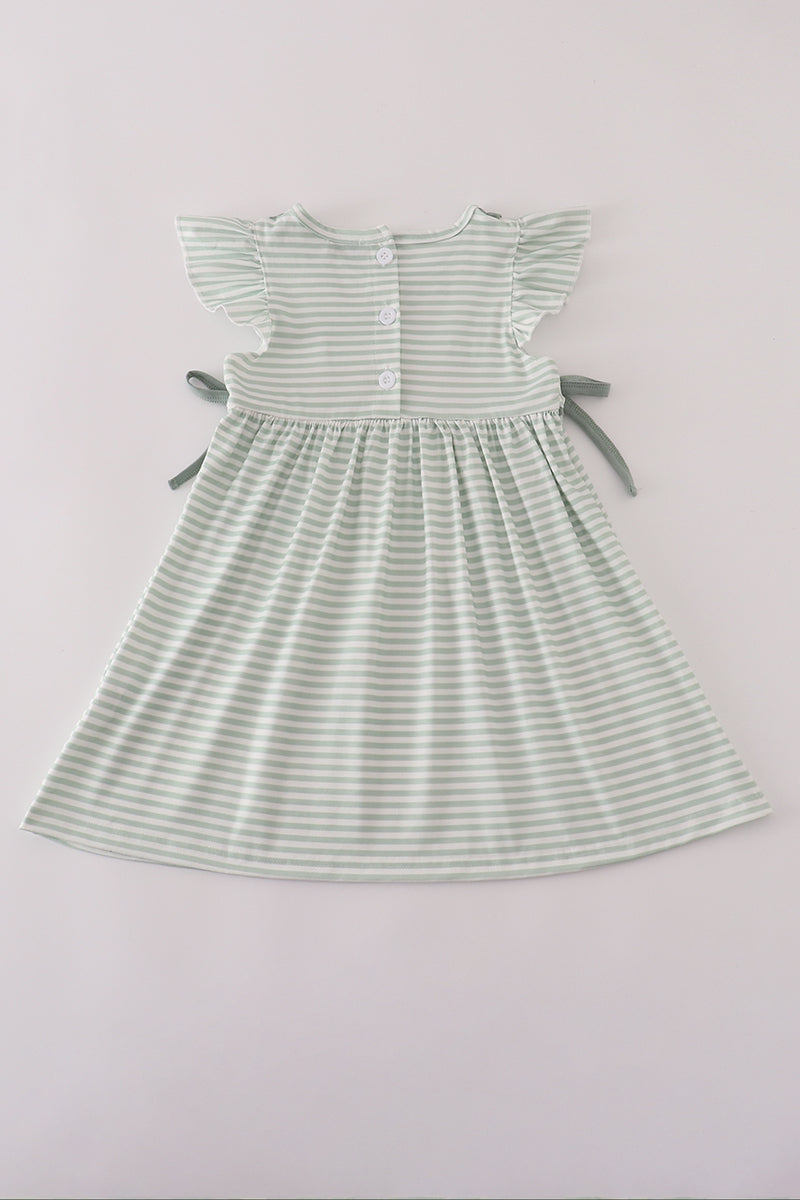 Sage stripe french knot ruffle dress
