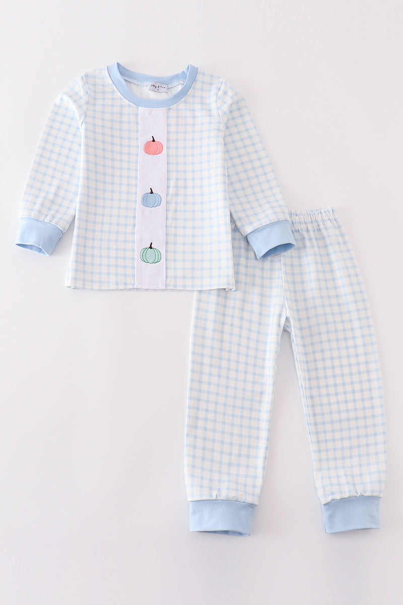 Blue pumpkin embroidery plaid set