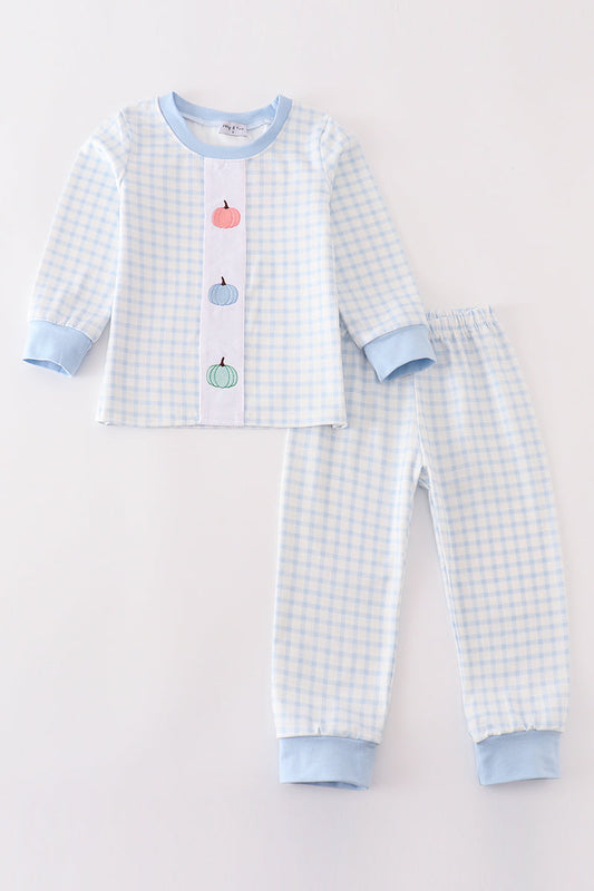 Blue pumpkin embroidery plaid set