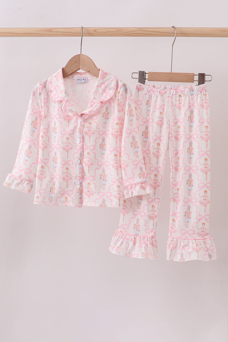 Pink nutcracker print ruffle pajamas set