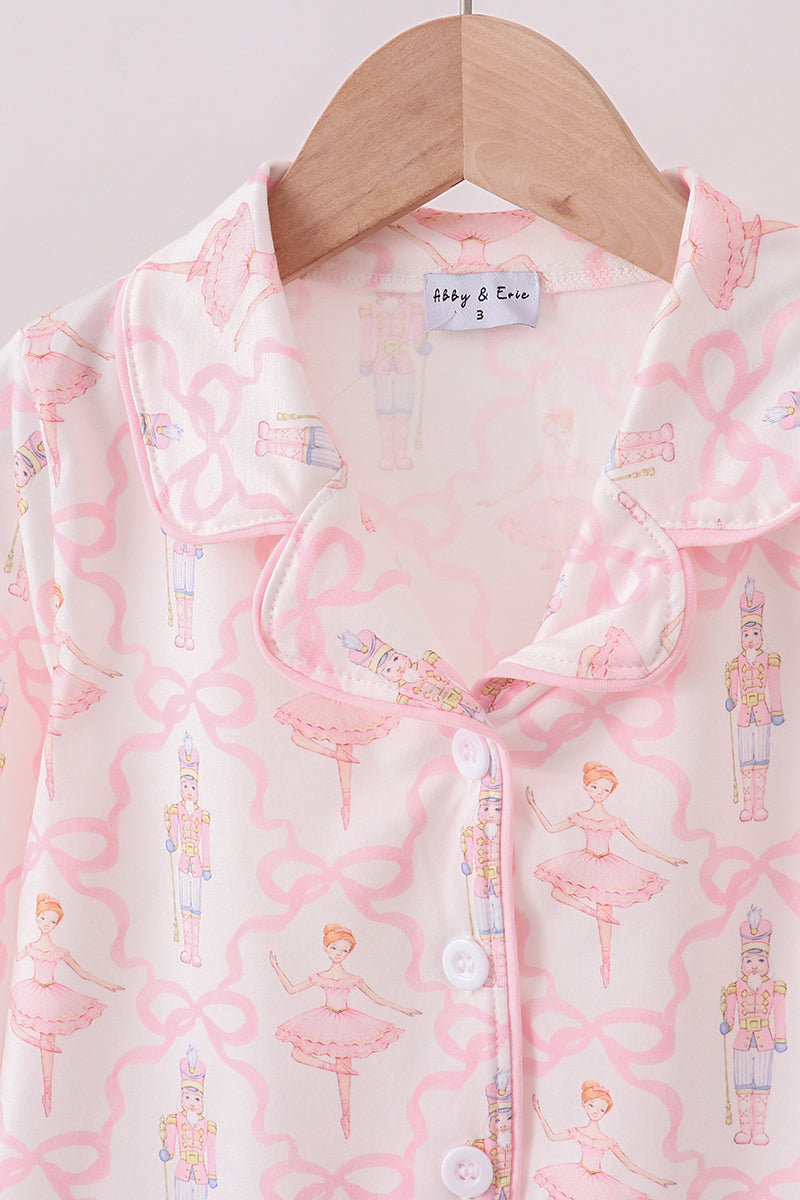 Pink nutcracker print ruffle pajamas set