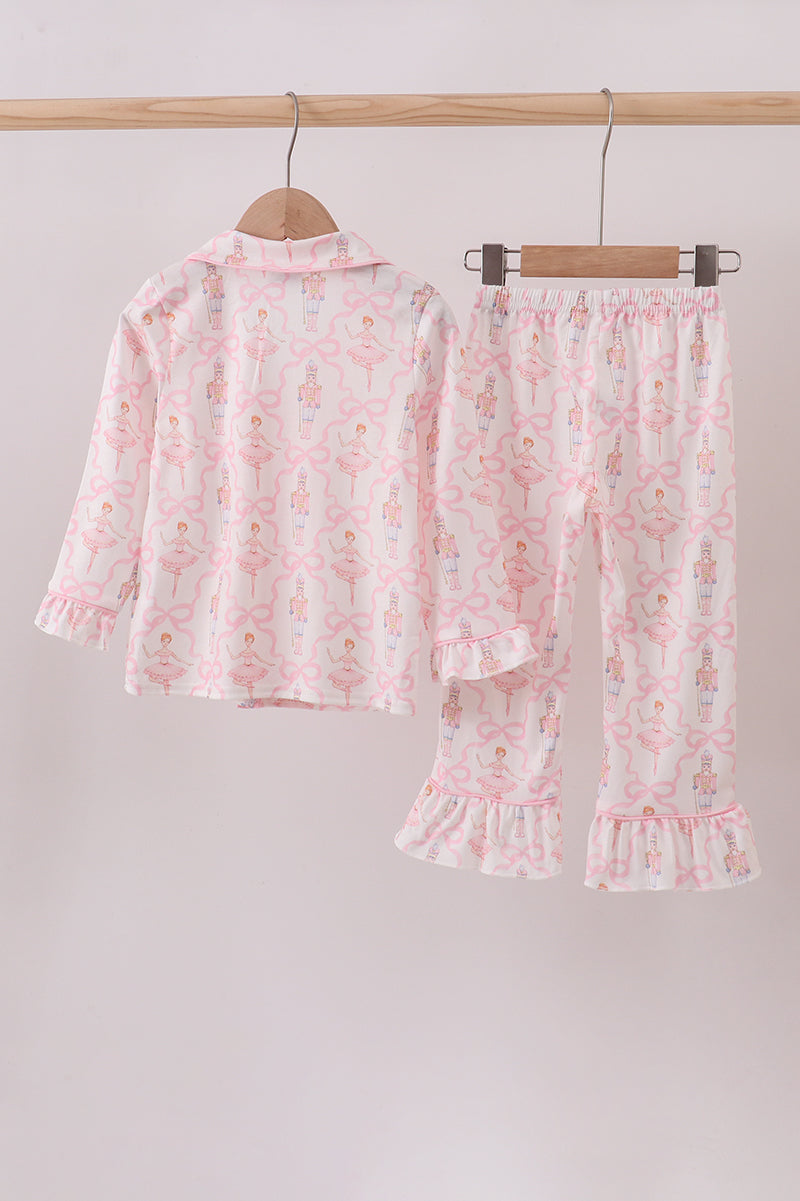 Pink nutcracker print ruffle pajamas set