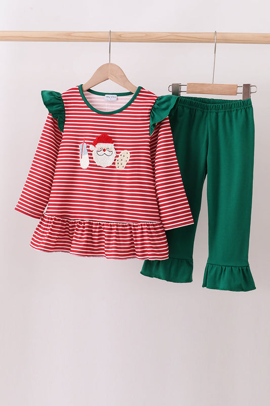Red stripe santa milk biscuit ruffle pants set
