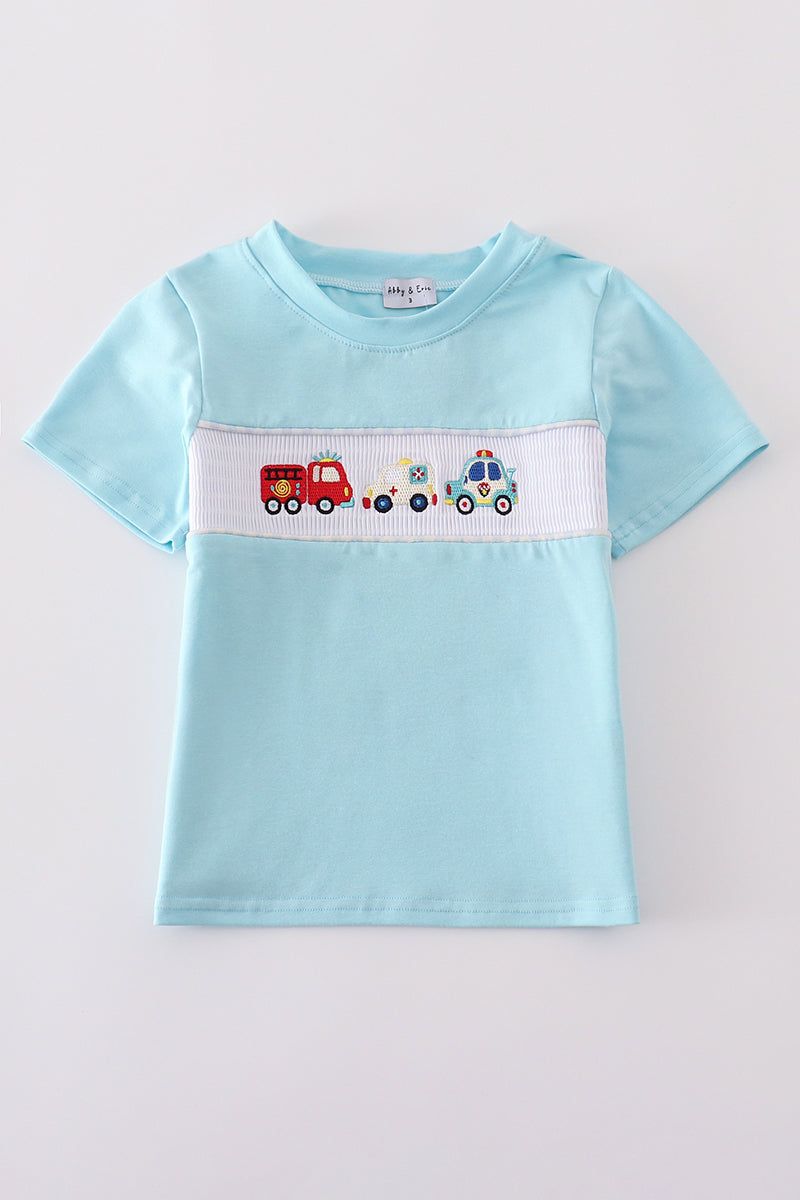Blue fire truck police car embroidery smocked top