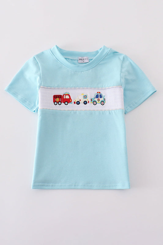 Blue fire truck police car embroidery smocked top