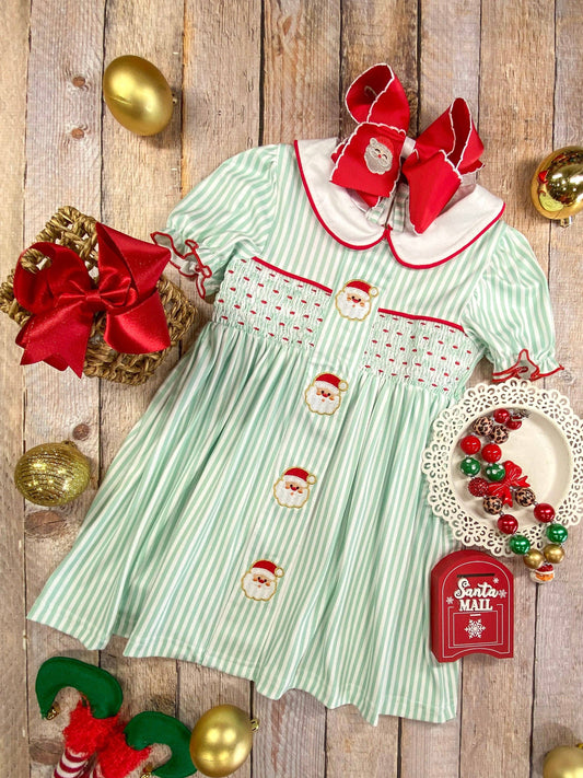 Mint Stripes & Embroidered Santas Smocked Dress