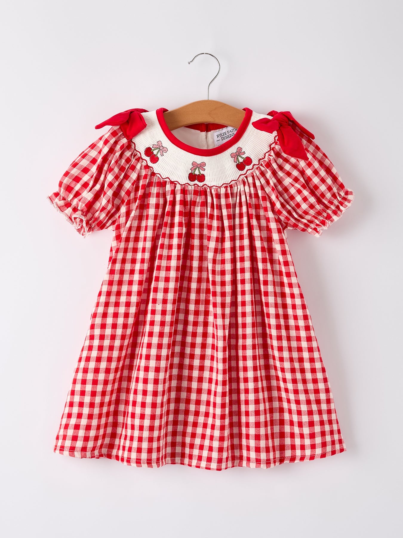 Red Cherry Bow Plaid Smocking Embroidery Girls'  Dress