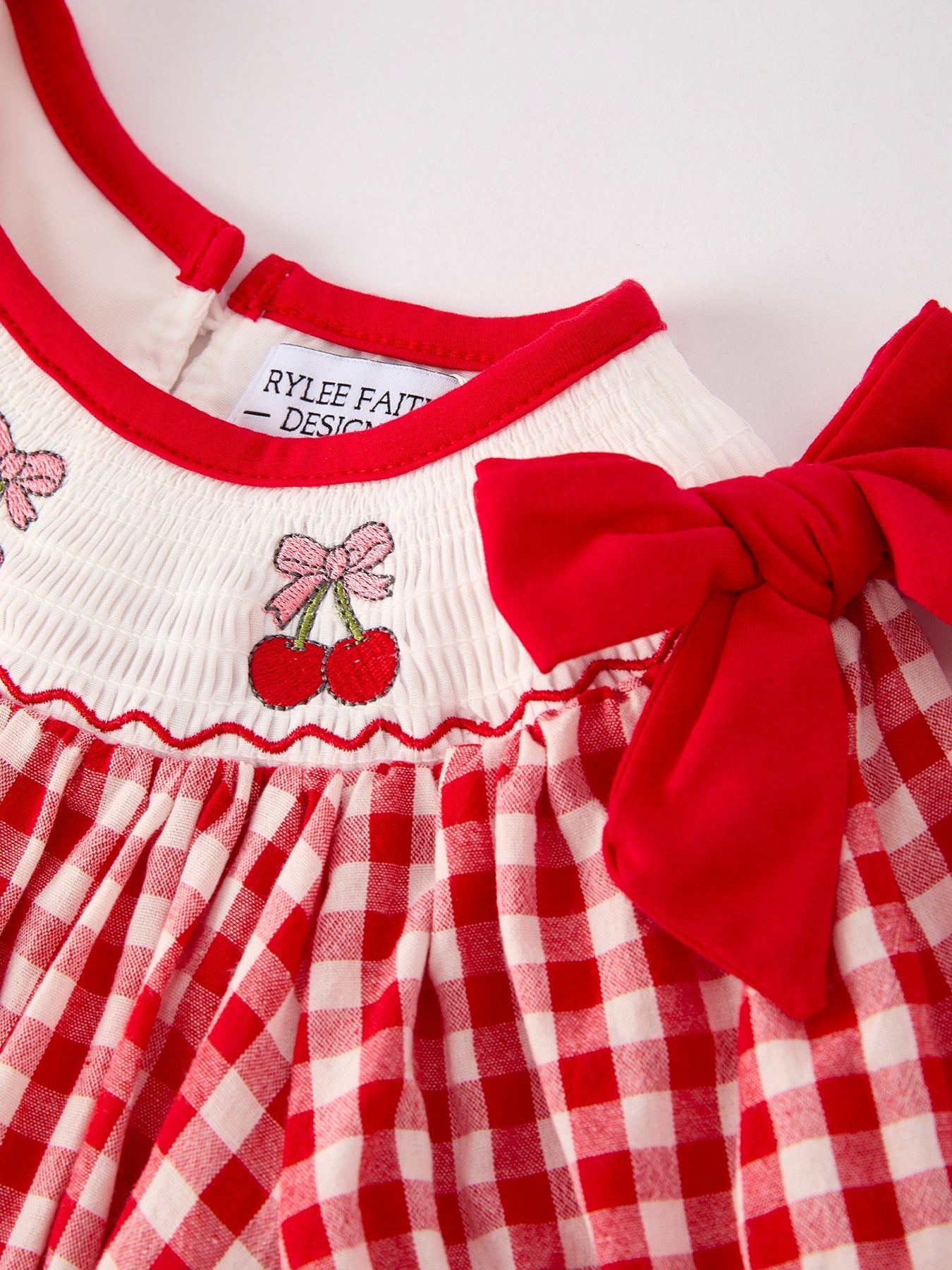 Red Cherry Bow Plaid Smocking Embroidery Girls'  Dress