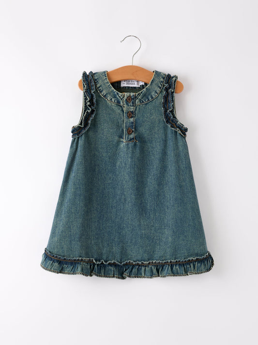 Vintage Denim Ruffle Girls Summer Dress