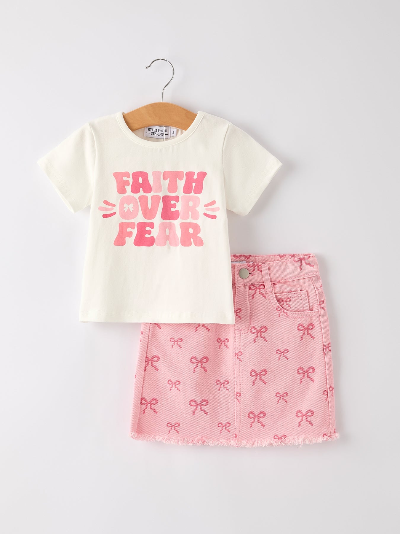Faith T-shirt + Pink Bow Printed Denim Skirt