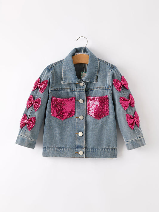 Girls Denim Sequined Bow Jacket