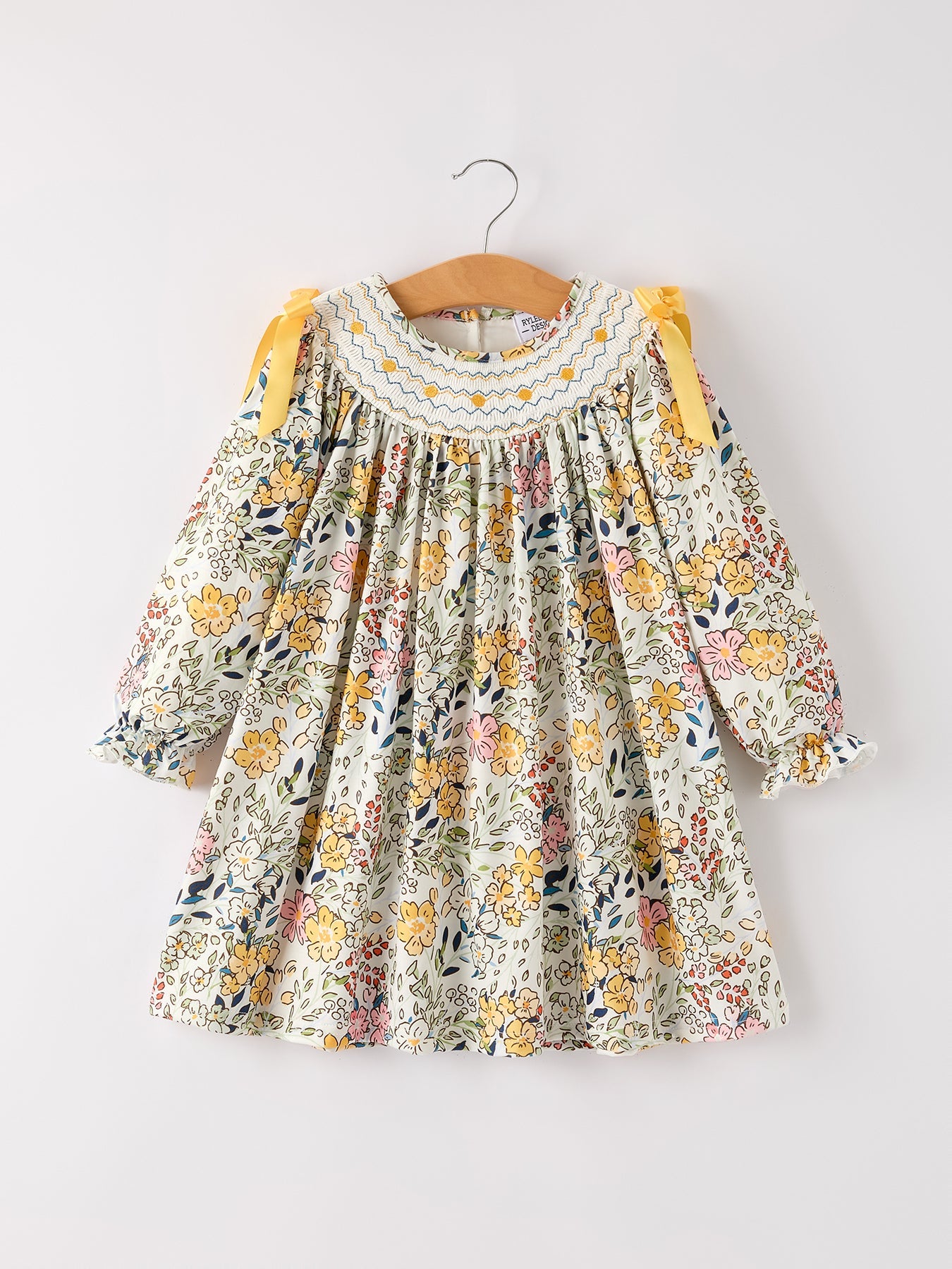 Smocking Bow Floral Leaf Baby Girls Dress