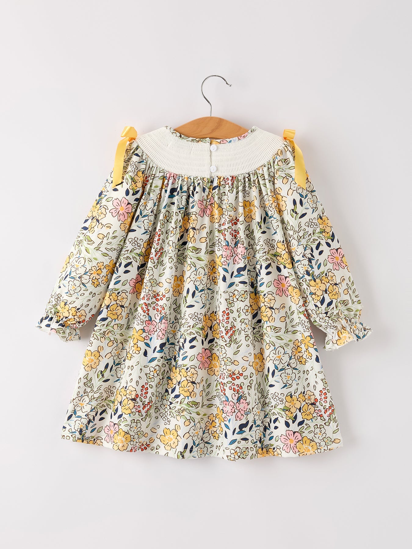 Smocking Bow Floral Leaf Baby Girls Dress