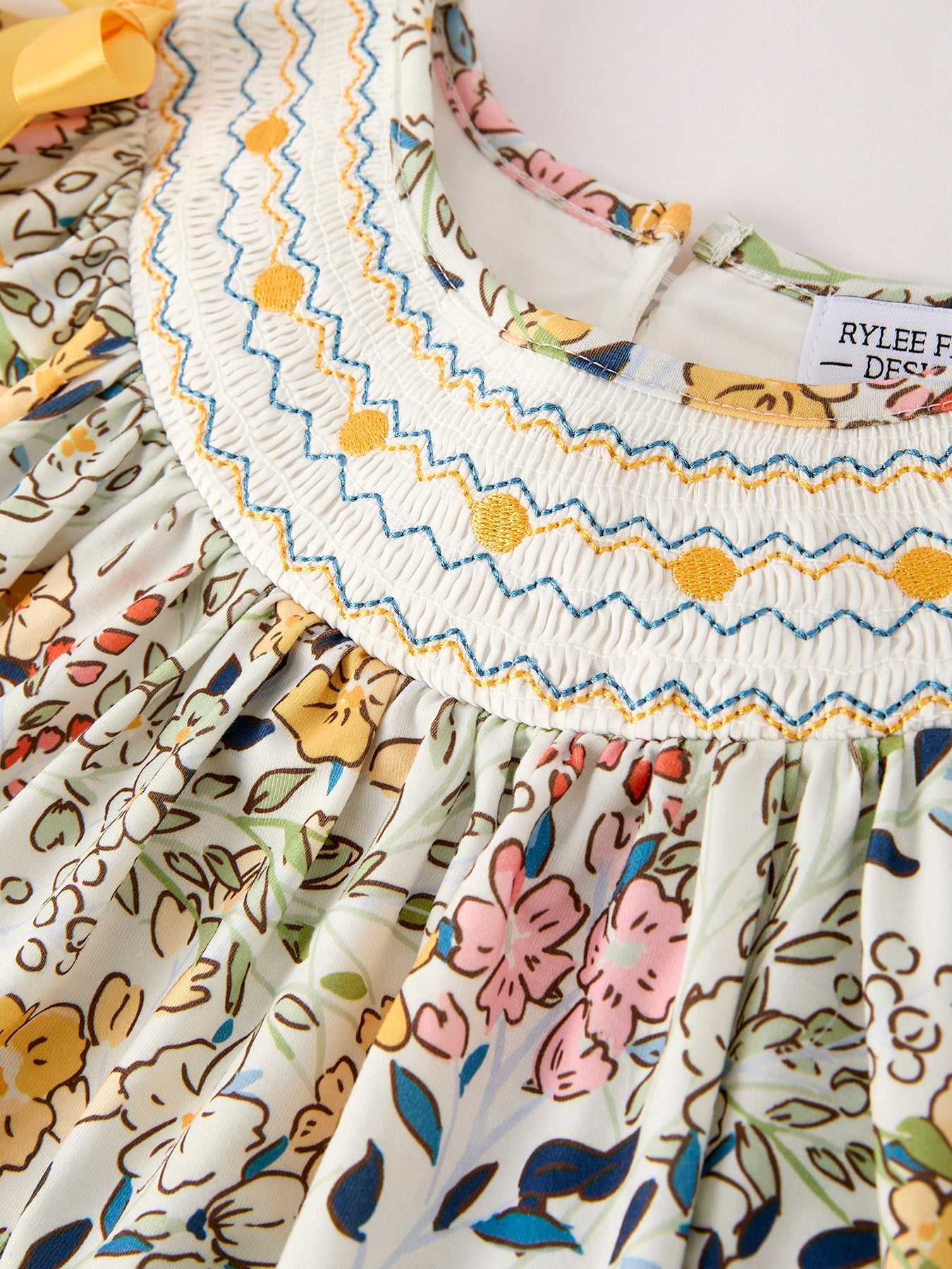 Smocking Bow Floral Leaf Baby Girls Dress