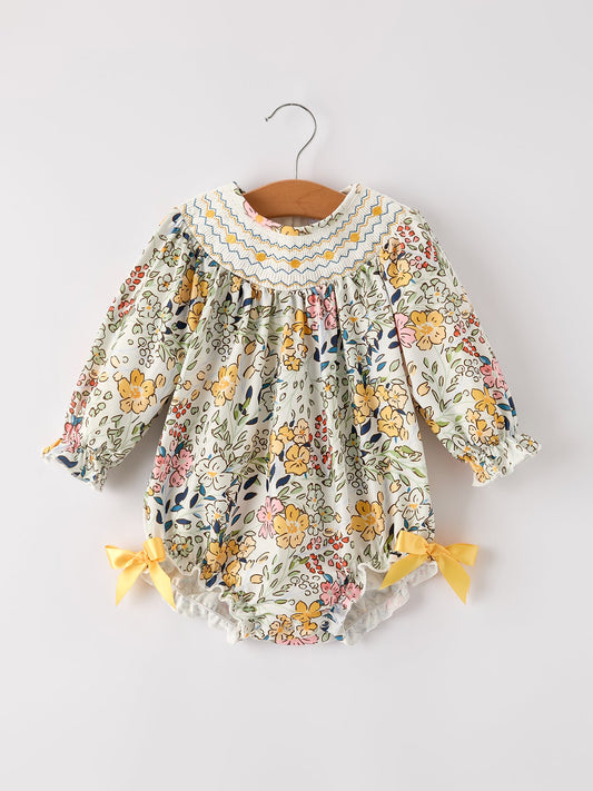 Smocking Bow Floral Leaf Baby Girls Romper
