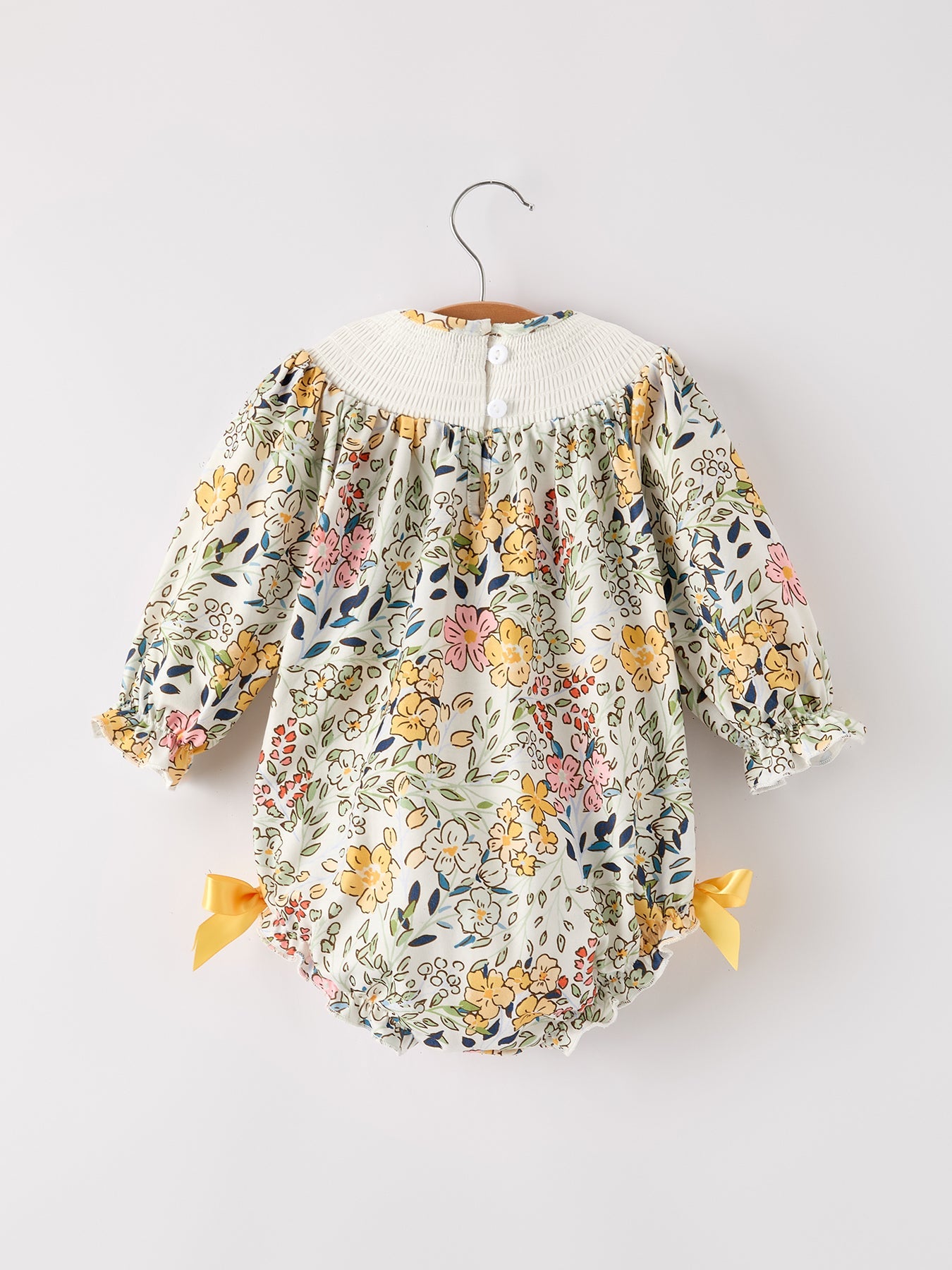 Smocking Bow Floral Leaf Baby Girls Romper