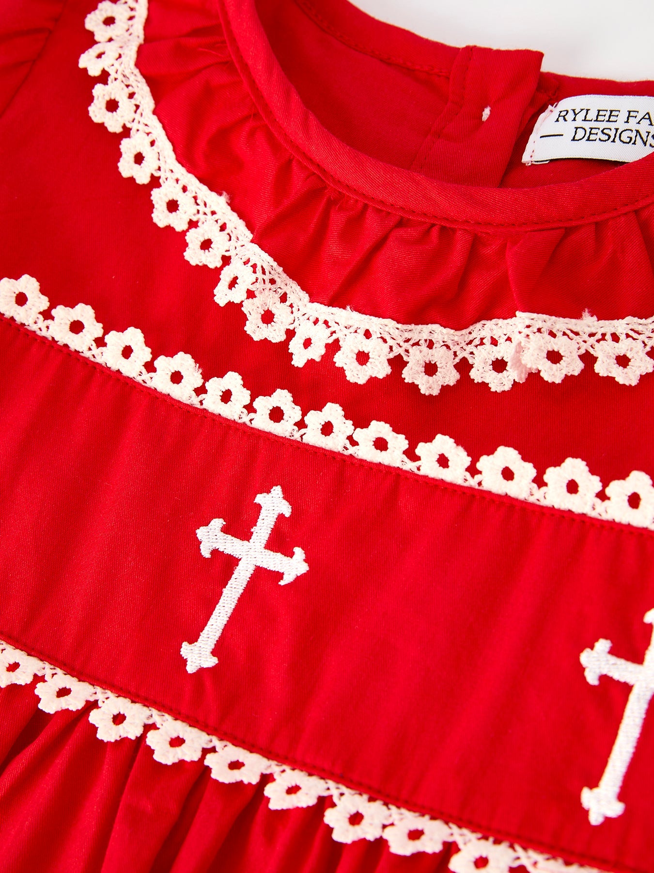 Red Girls Dress: Cross Embroidery with Lace Trim