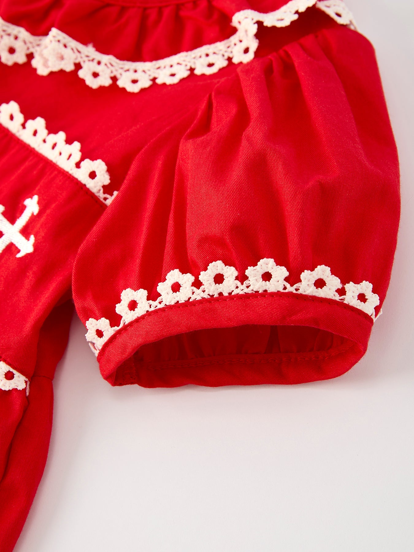Red Girls Dress: Cross Embroidery with Lace Trim