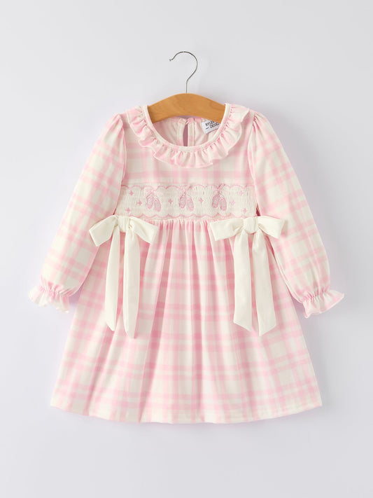 Pink Plaid Ruffle Ballet Shoe Embroidery Long Sleeve Dress