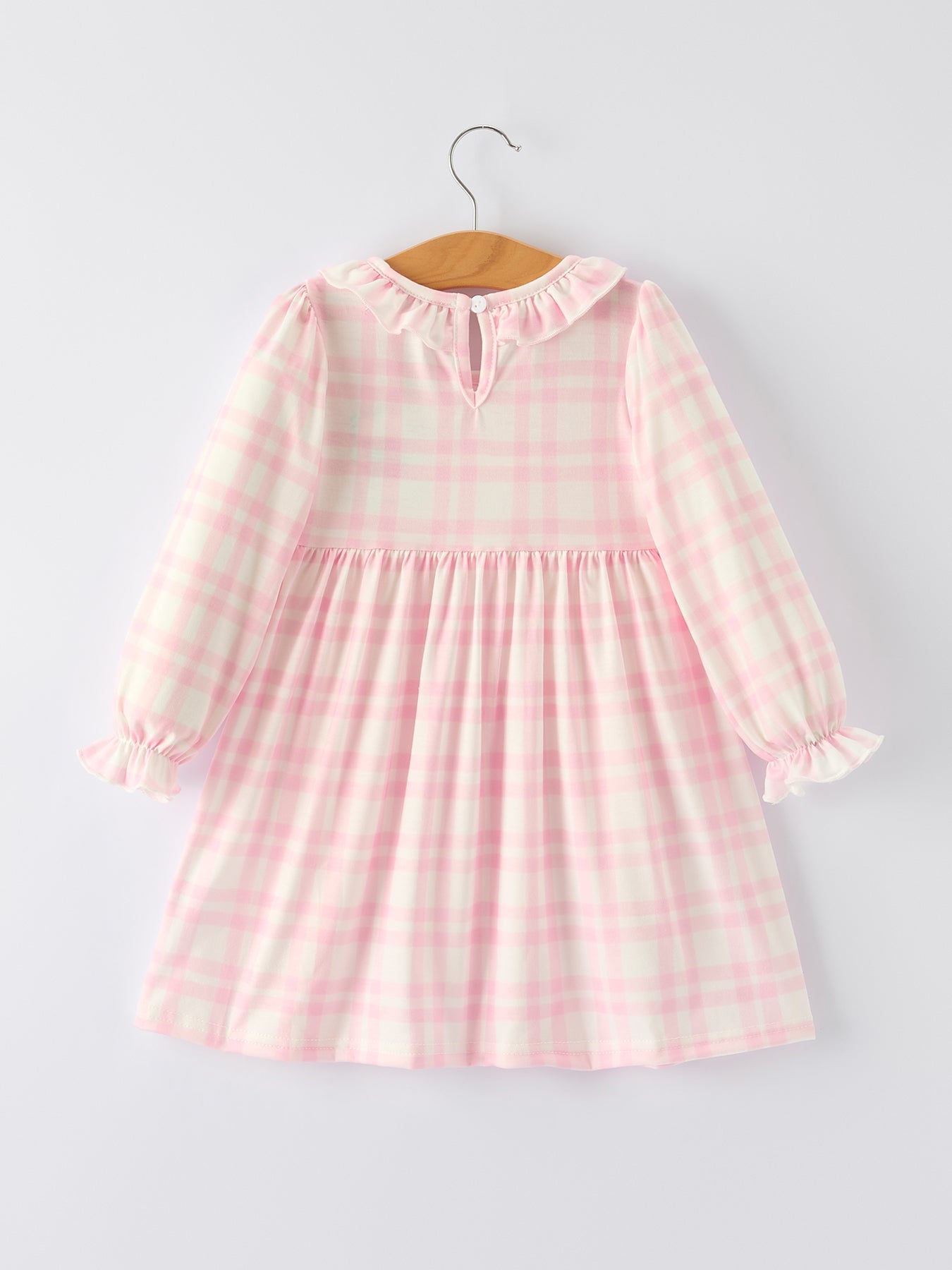 Pink Plaid Ruffle Ballet Shoe Embroidery Long Sleeve Dress