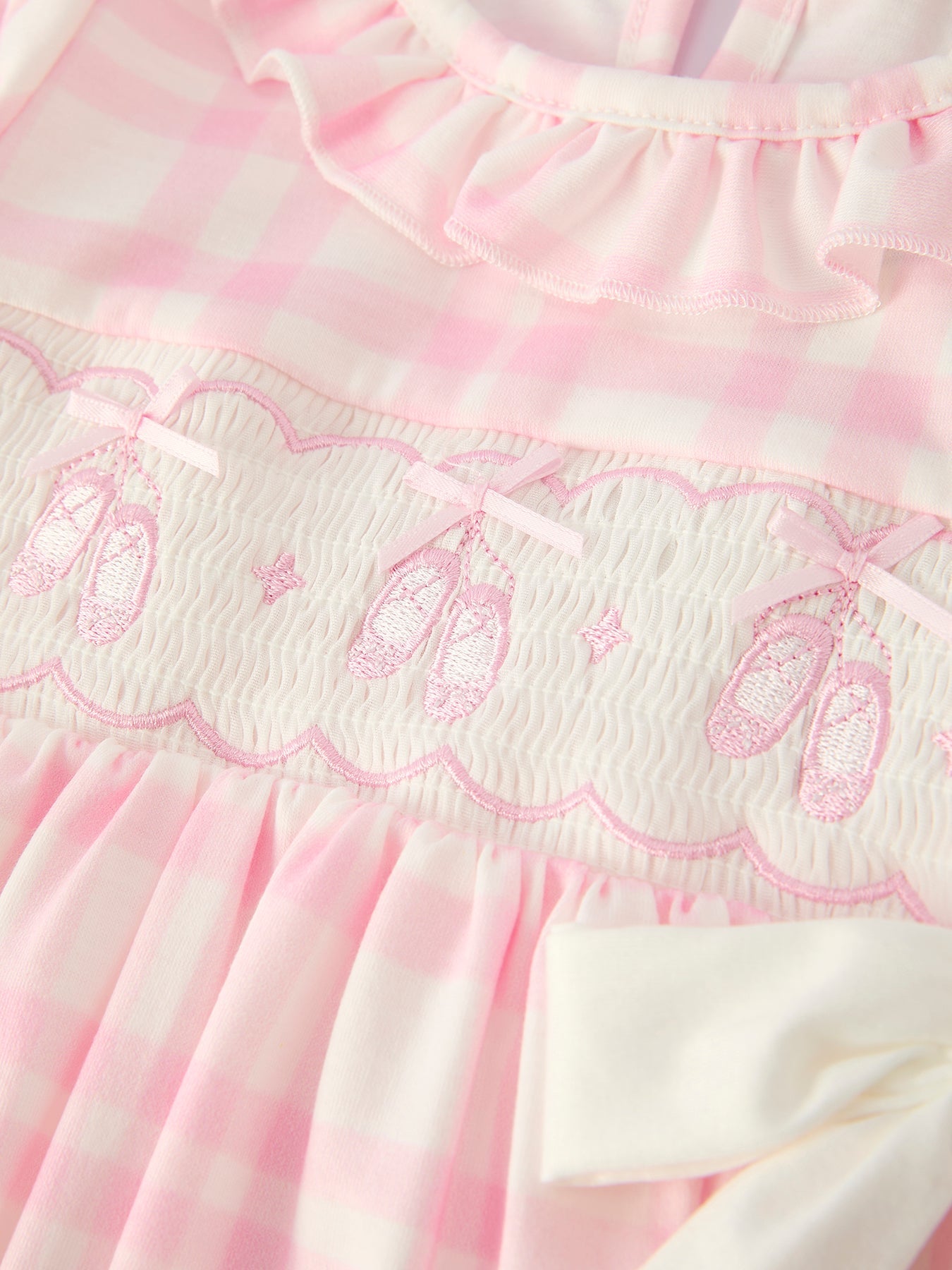 Pink Plaid Ruffle Ballet Shoe Embroidery Long Sleeve Dress