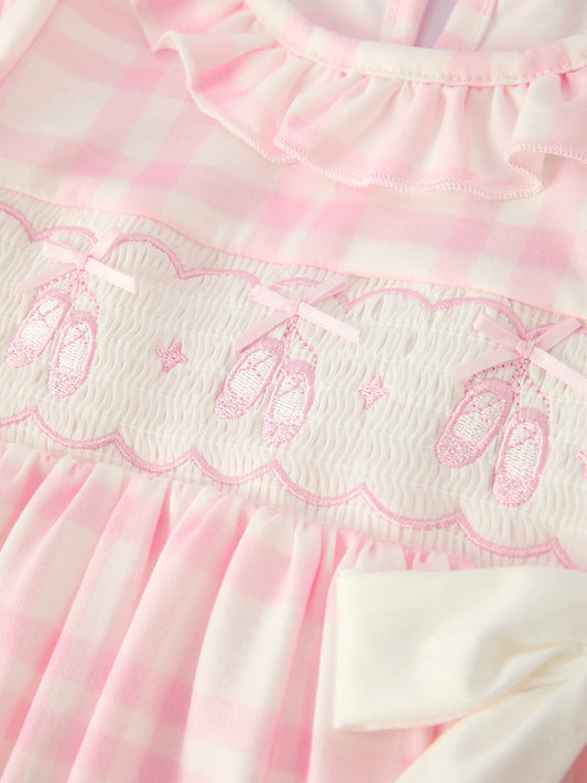 Pink Plaid Ruffle Ballet Shoe Embroidery Long Sleeve Dress