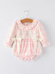 Pink Plaid Ruffle Ballet Shoe Embroidery Long Sleeve Romper