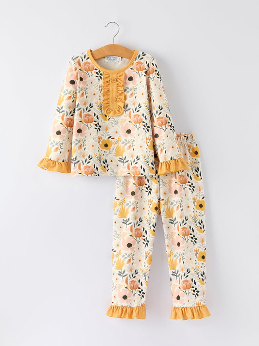 Floral Print Girls Pajamas Set with Ruffle Details
