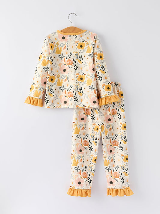 Floral Print Girls Pajamas Set with Ruffle Details