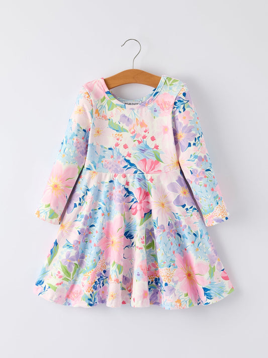Floral Print Girl Dress with Long Sleeves