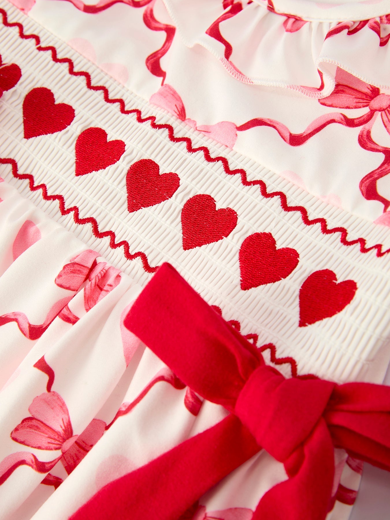 Girls Valentine Dress with Heart Embroidery and Bowknot Design