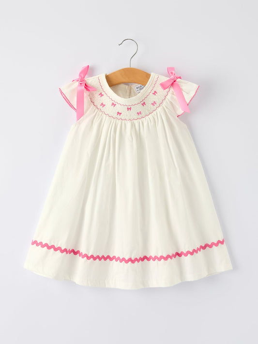 Girls Dress with Pink Bow Embroidery