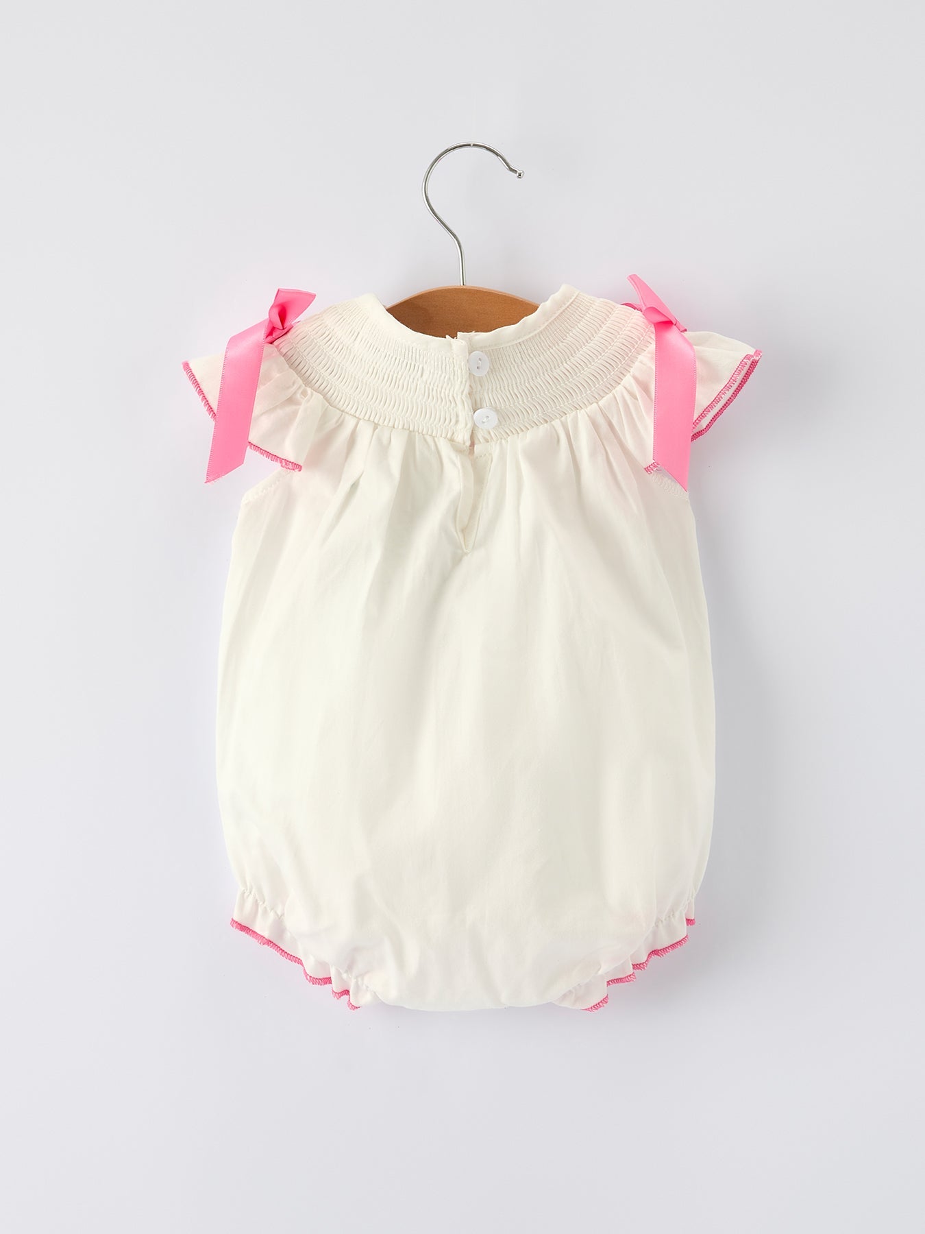 White Baby Girls Romper with Pink Bow Embroidery