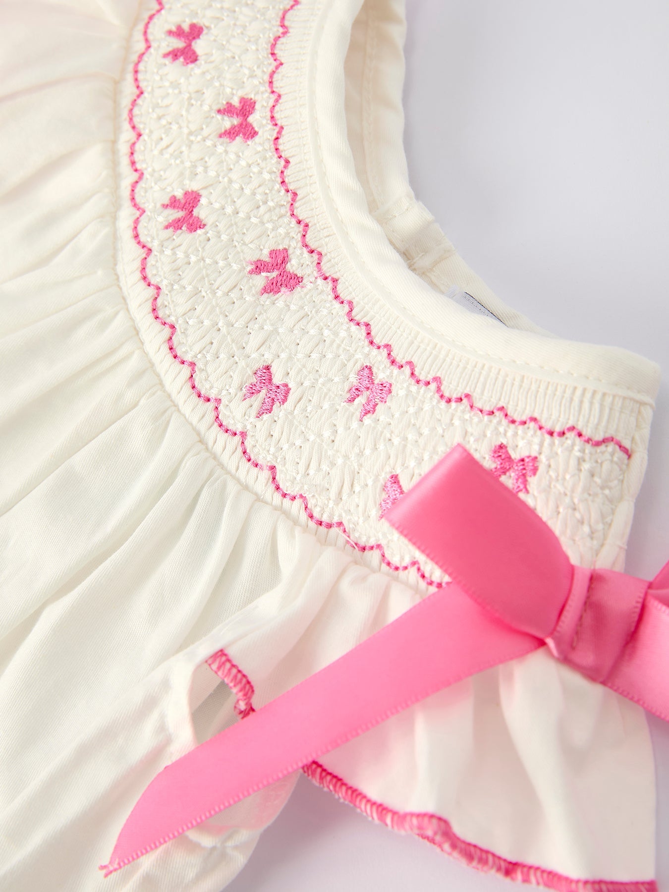 White Baby Girls Romper with Pink Bow Embroidery