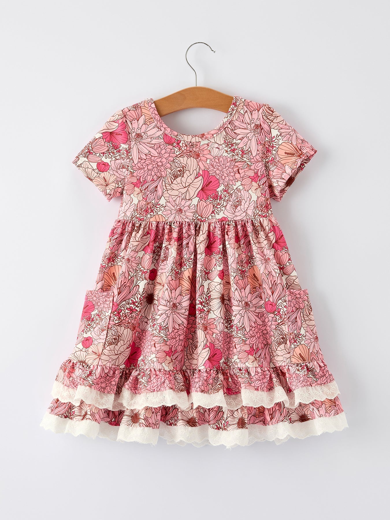 Sweet Floral Pattern Dress with Pockets and Ruffle Hem