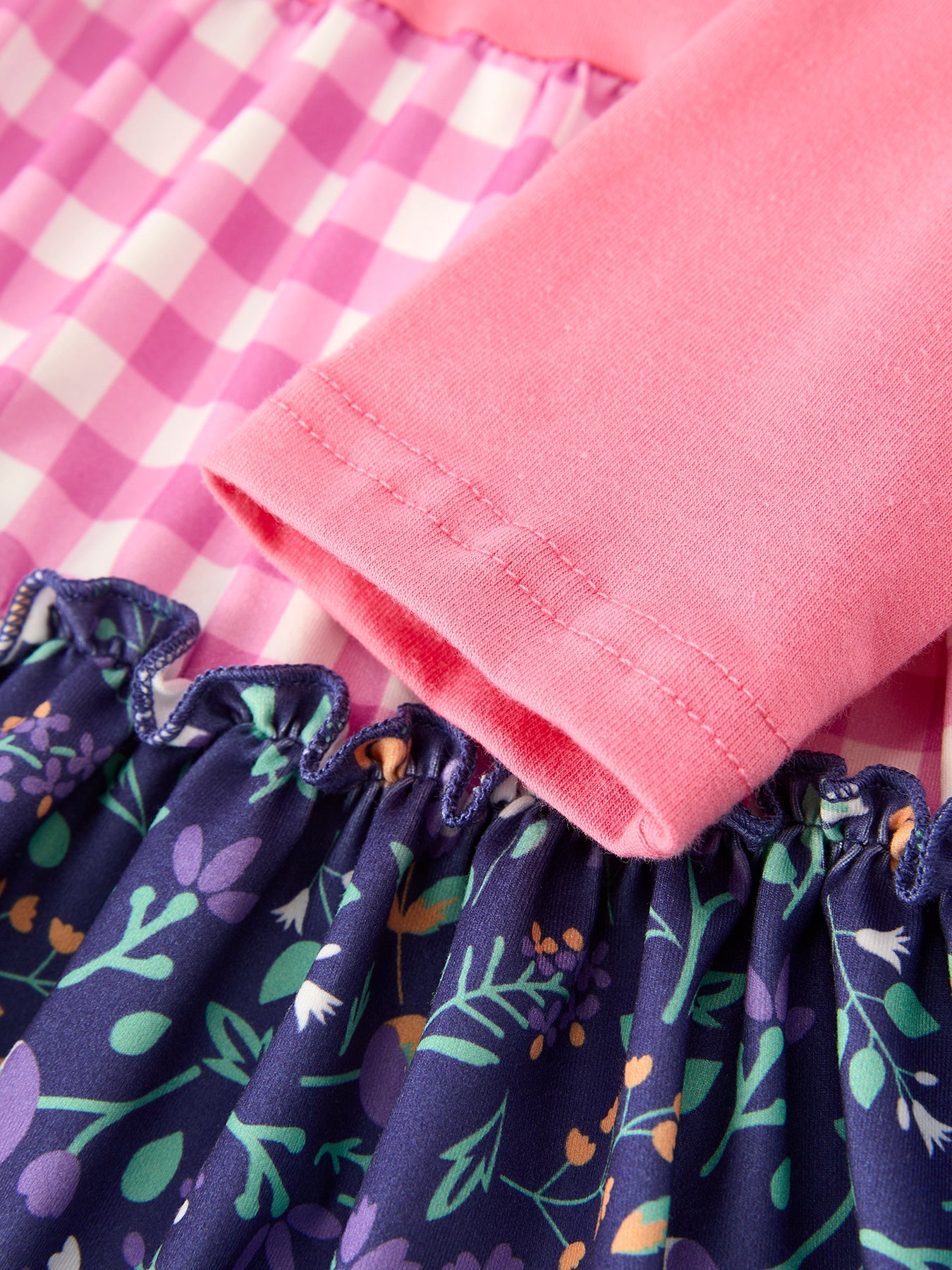 Pink Autumn Patchwork Floral & Plaid Long Sleeve Girls Dress