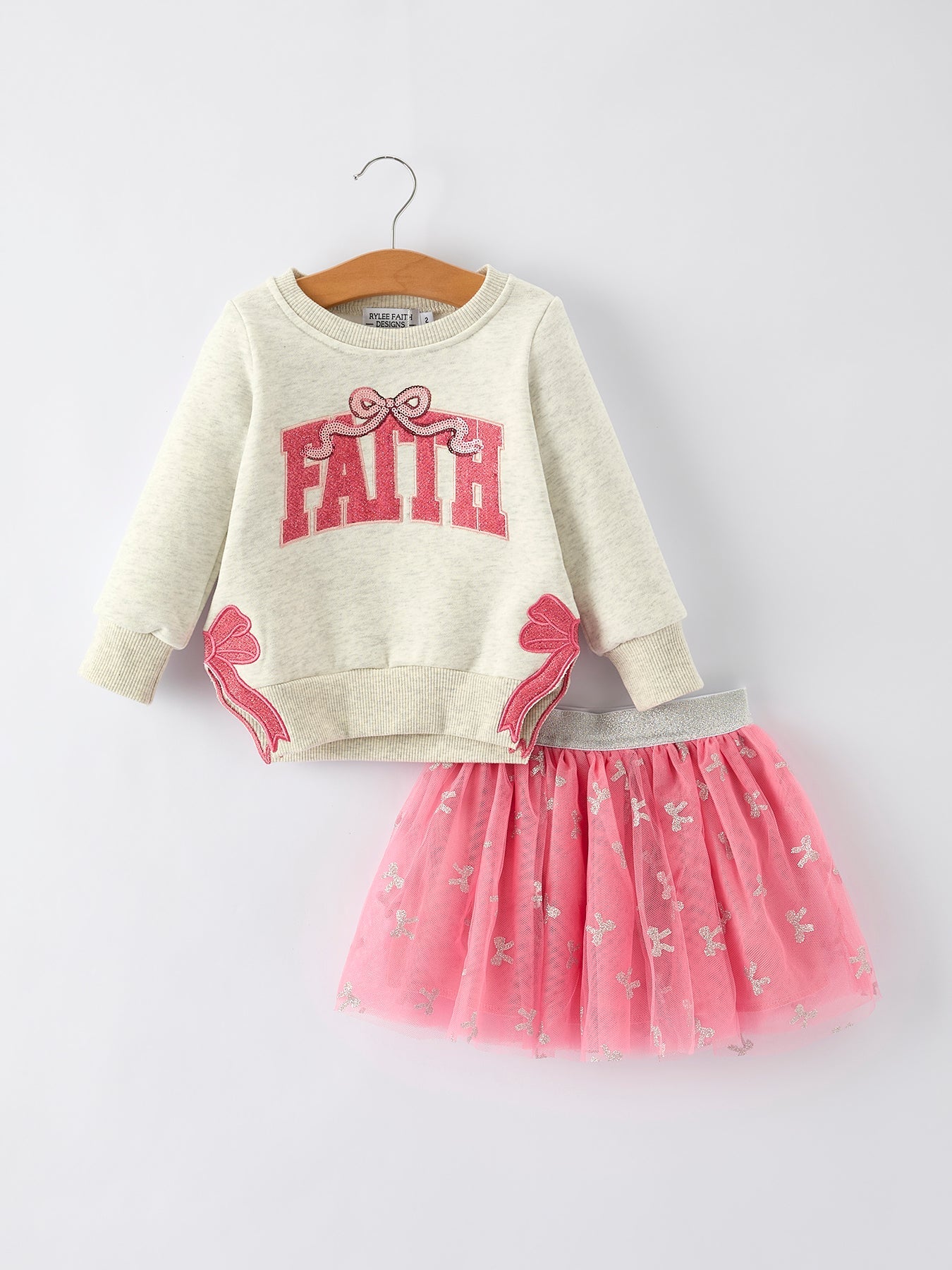 FAITH Letter Sweatshirt and Pink Tulle Skirt Set