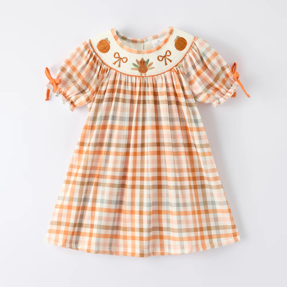 Thanksgiving Turkey Embroidery Smocked Dress
