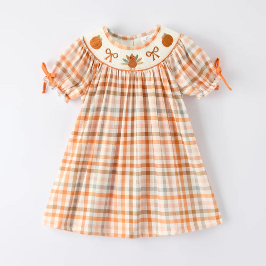 Thanksgiving Turkey Embroidery Smocked Dress