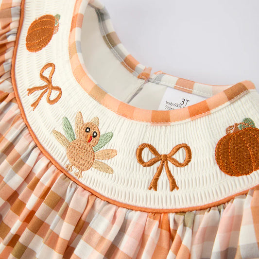 Thanksgiving Turkey Embroidery Smocked Dress