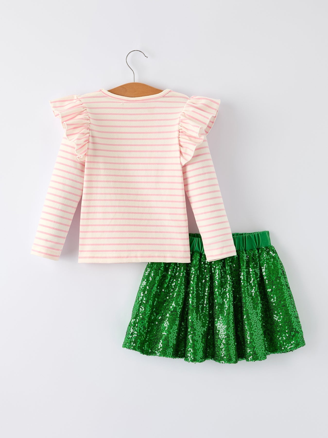 St. Patrick’s Day Stripe Top with Glitter Shamrock and Sequin Skirt Set