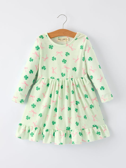 St. Patrick's Day Bow Shamrock Print Ruffles Girls Dress