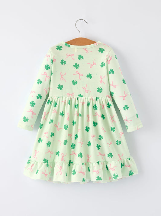 St. Patrick's Day Bow Shamrock Print Ruffles Girls Dress