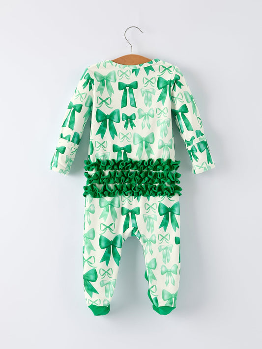 St. Patrick's Day Bow Print  Long Sleeves Baby Girls Romper