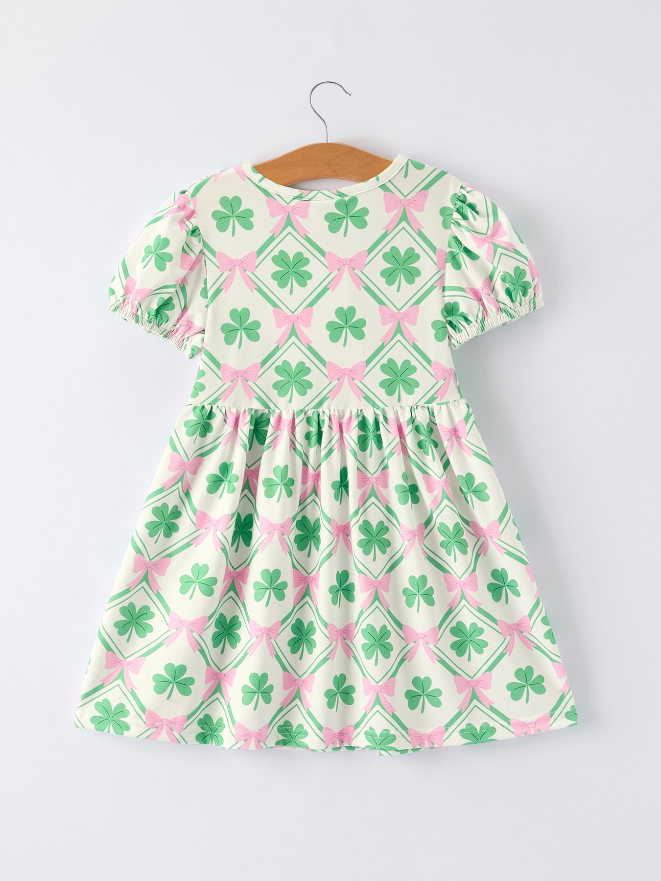 St. Patrick's Day Bow Shamrock Print Short Sleeves Girls Dress