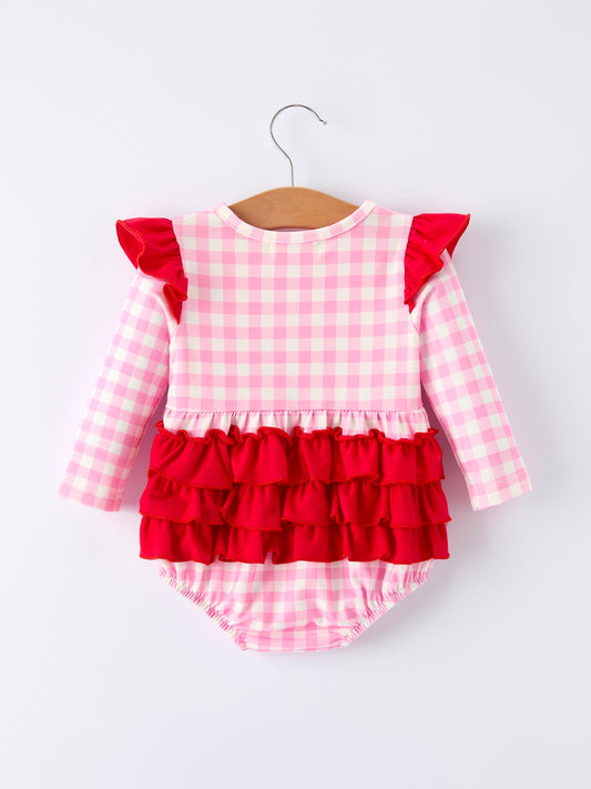 Valentine Pink Plaid Baby Girls Romper with Horse & Heart Smocking