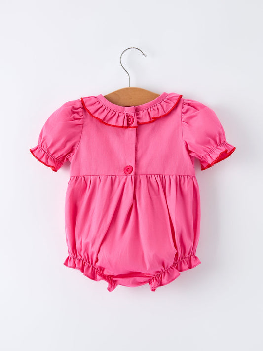 Valentine's Day Hot Pink Ruffle Collar Baby Romper Heart Applique