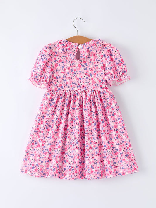Girls Valentine's Day Floral Ruffle Smocking Dress