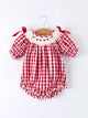 Valentine Red Plaid Romper with Smocked Heart Dog Detail and Bows
