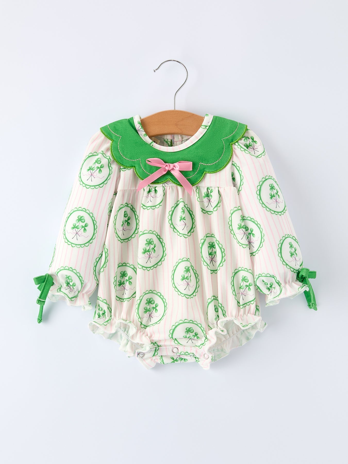 St. Patrick's Day Shamrock Striped Long Sleeve Baby Girl Romper
